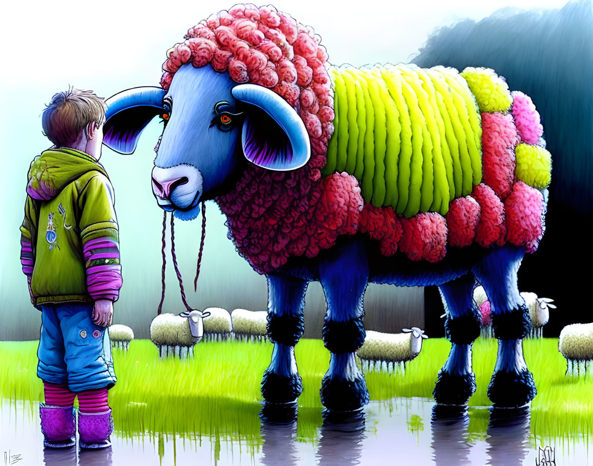 Child in green jacket faces colorful sheep in misty field