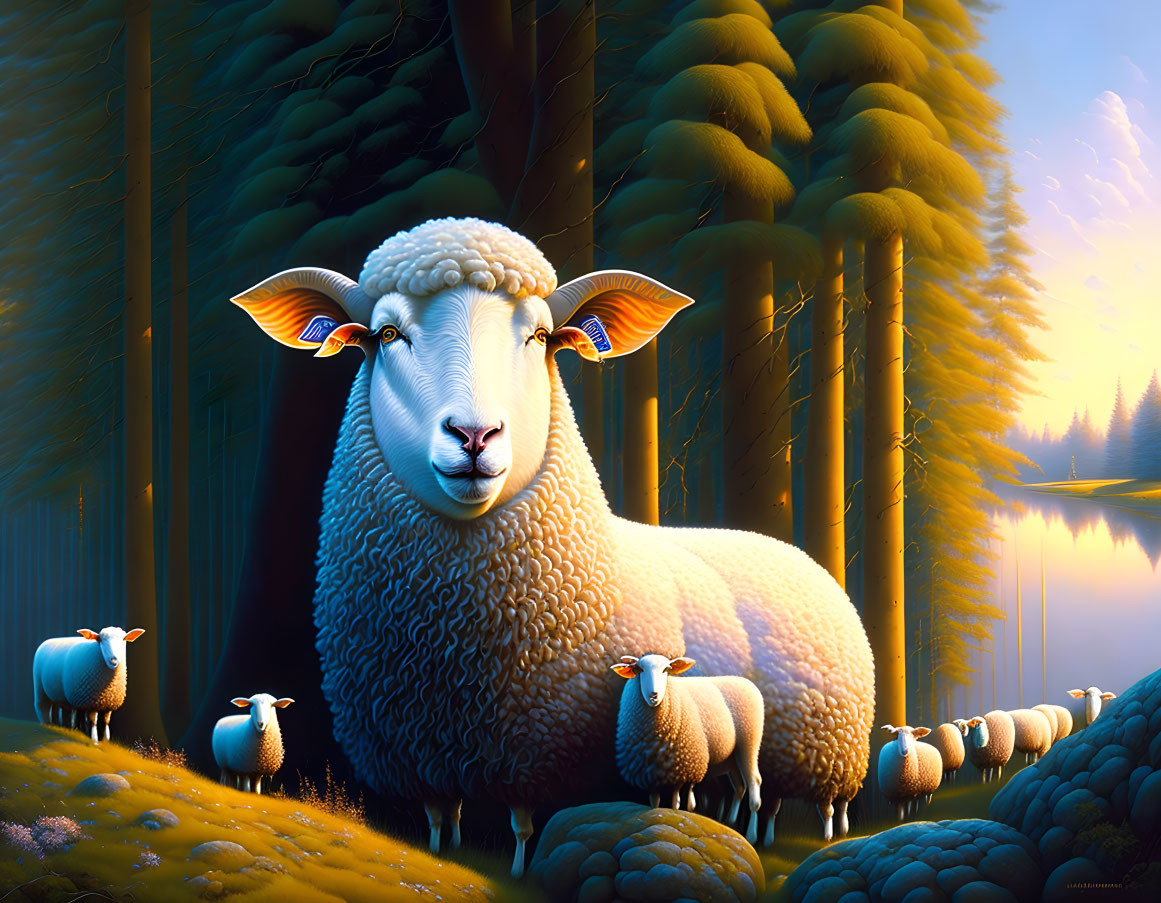 Hyperrealistic Illustration of Sheep in Forest Clearing at Dusk