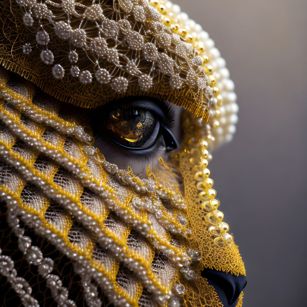 Detailed Close-Up of Beaded Golden Fabric on Reptilian Creature