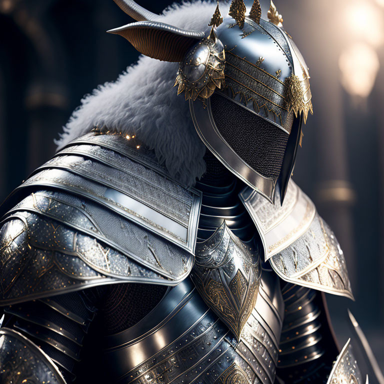 Detailed Medieval Knight's Armor with Plumed Helmet and Fur Collar