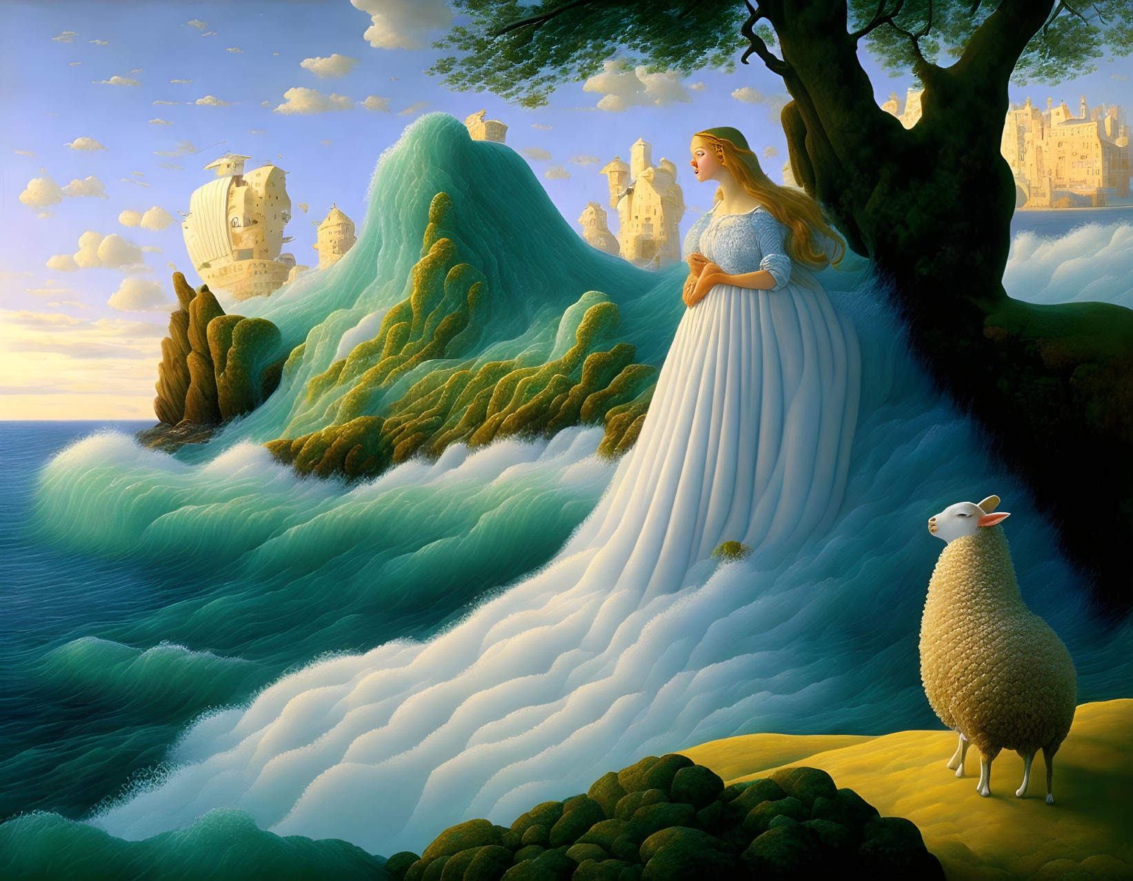 Woman in blue gown and sheep by coastal landscape with sea turning into greenery and castles.