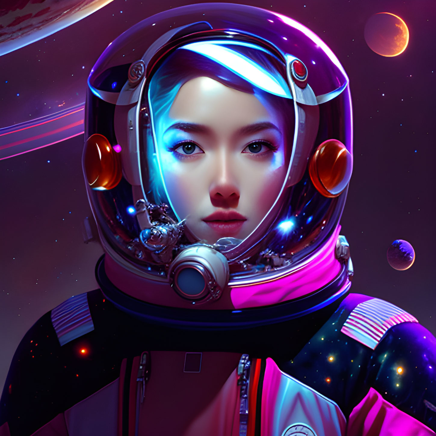 Woman astronaut digital artwork with reflective helmet visor in cosmic setting