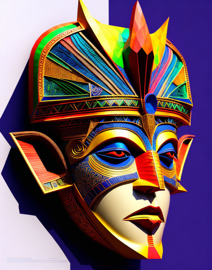 Vibrant 3D illustration of a humanoid face with intricate patterns and geometric crown.