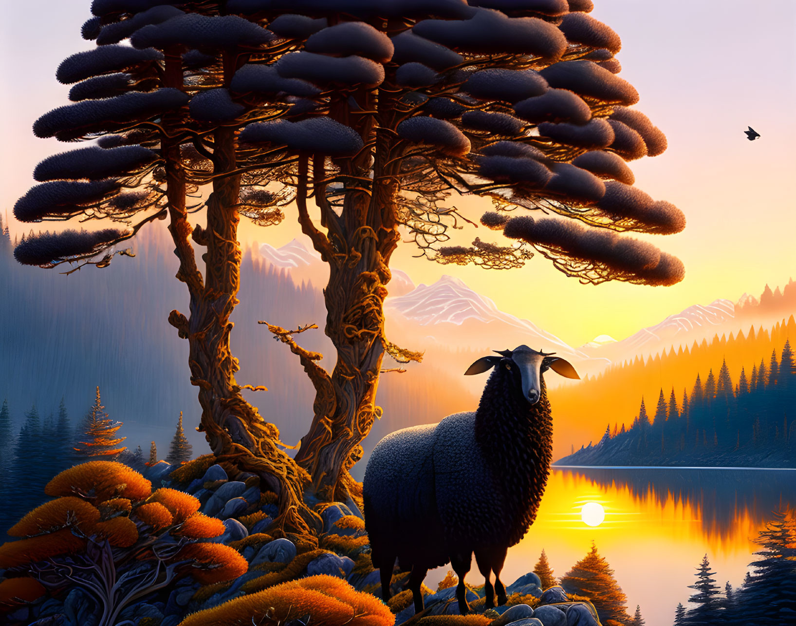 Surreal sheep with tree trunk body in sunset landscape