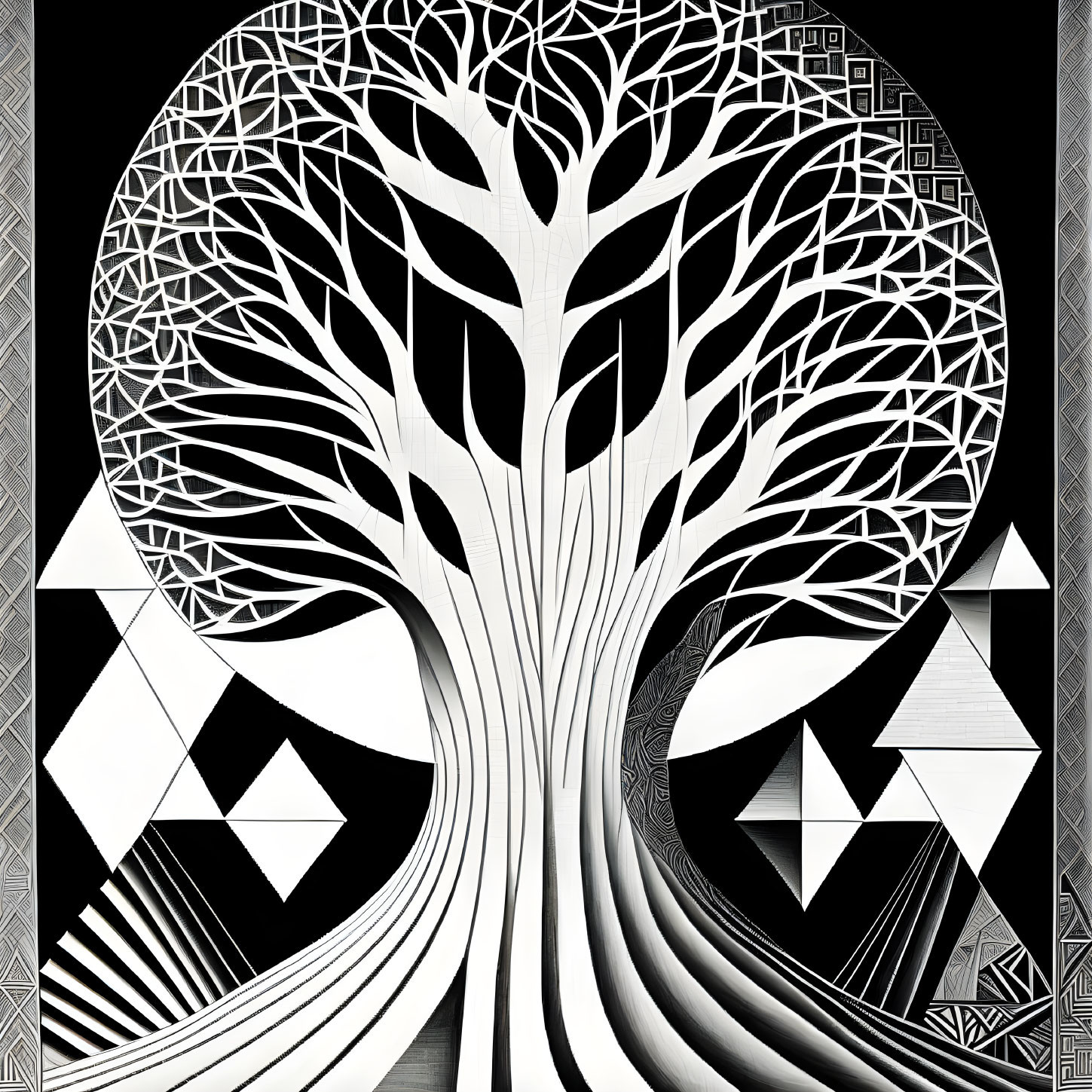 Monochrome stylized tree with intricate branches and geometric background.