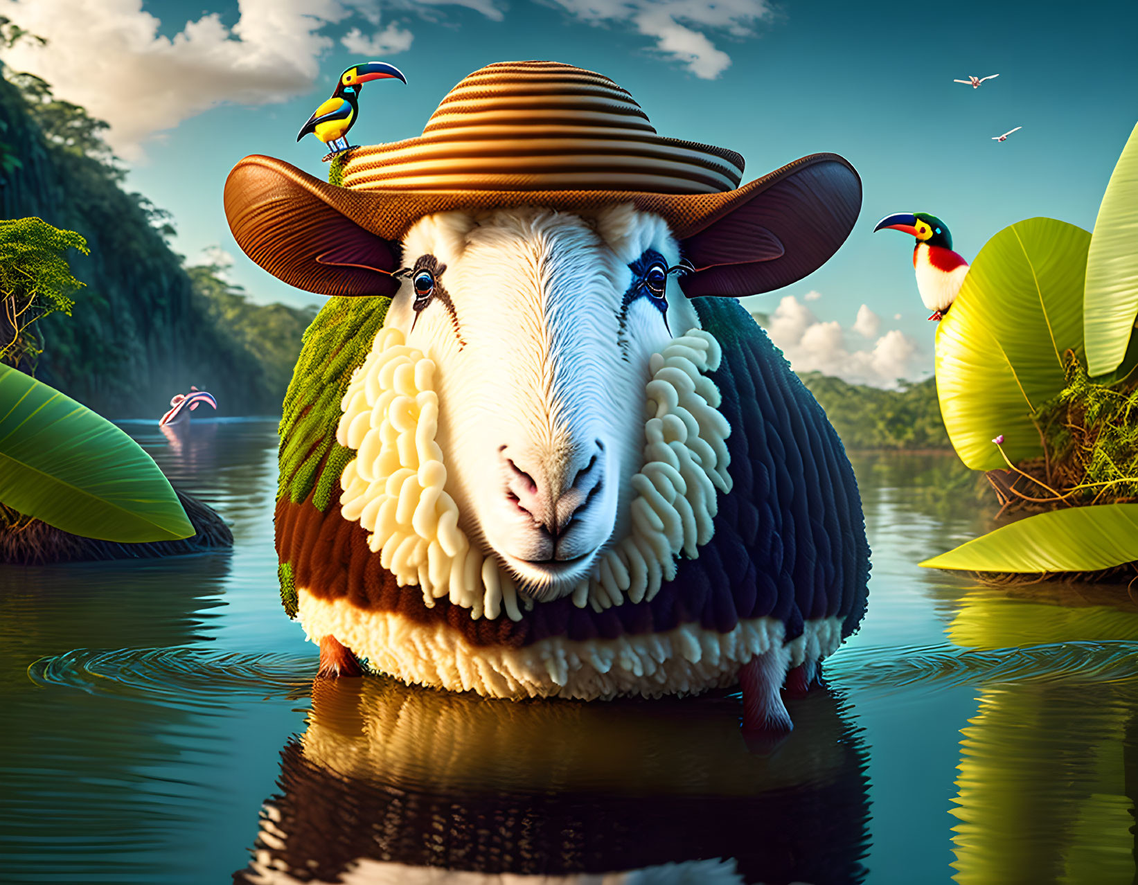 Digital art: Sheep with multiple eyes, toucans, straw hat in vibrant jungle.