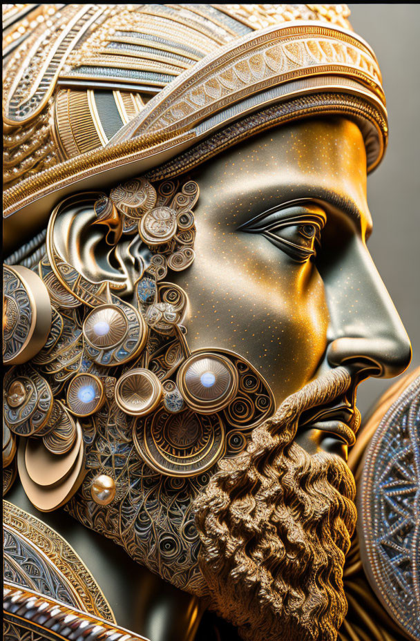 Intricate digitally created profile of a bearded man with gold mechanical and ornamental elements