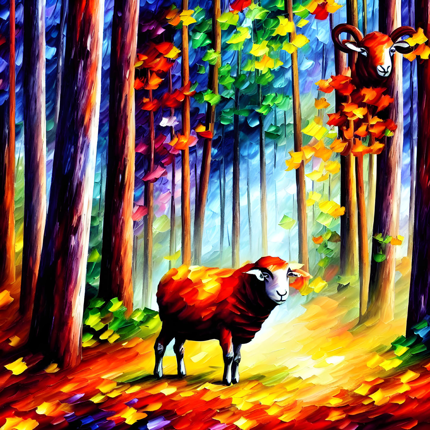 Brown ram in colorful fall forest with impressionistic style