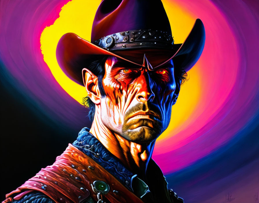 Vibrant cowboy illustration against swirling background