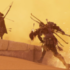 Armored warriors in desert at sunset with spear and sword