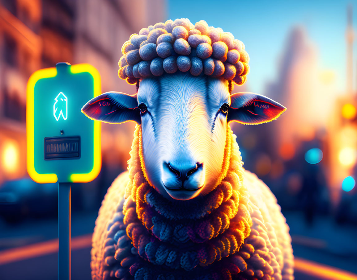 Sheep in urban setting at twilight with pedestrian crossing sign.