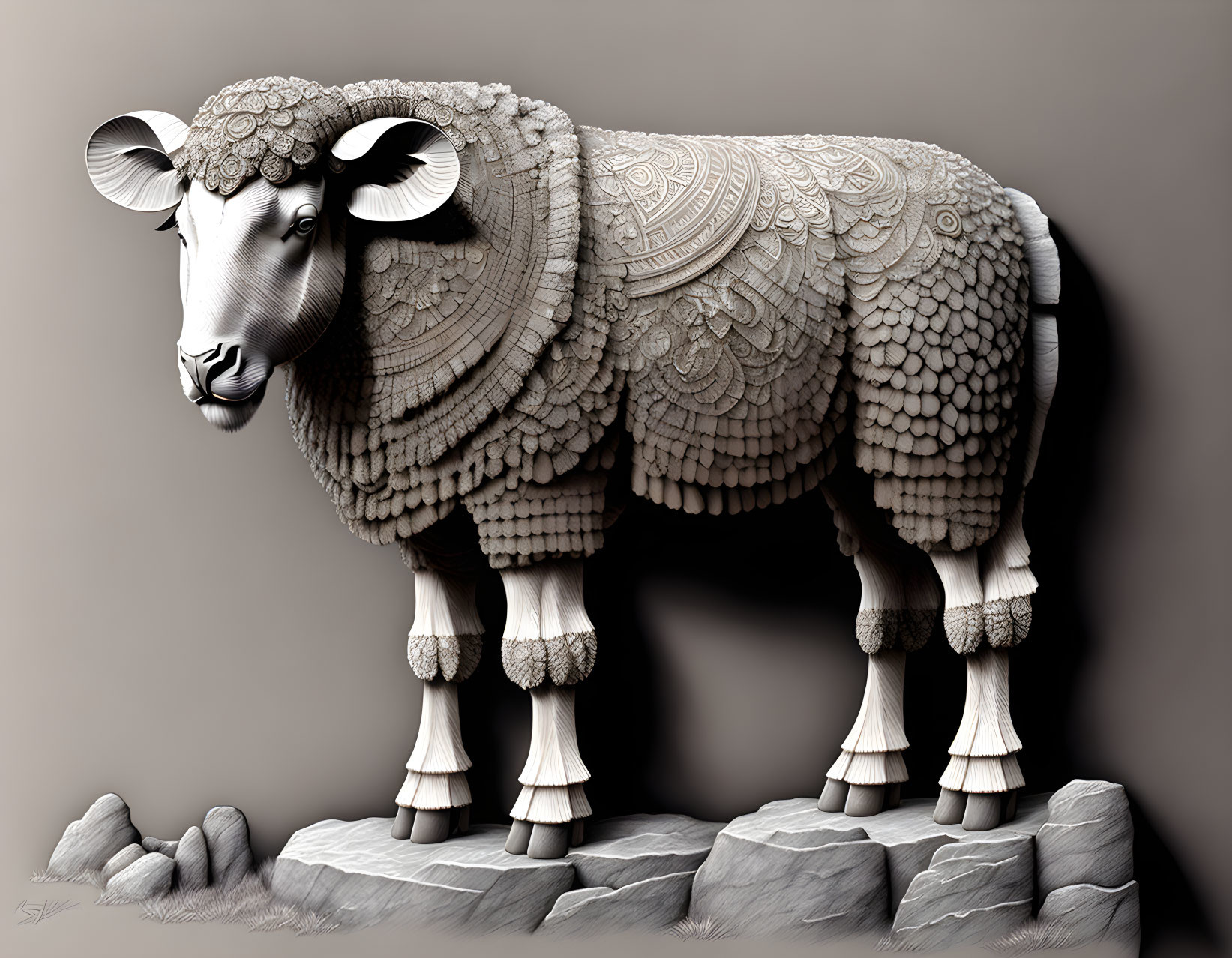 Detailed Ram Sculpture with Intricate Patterns and Rocky Base