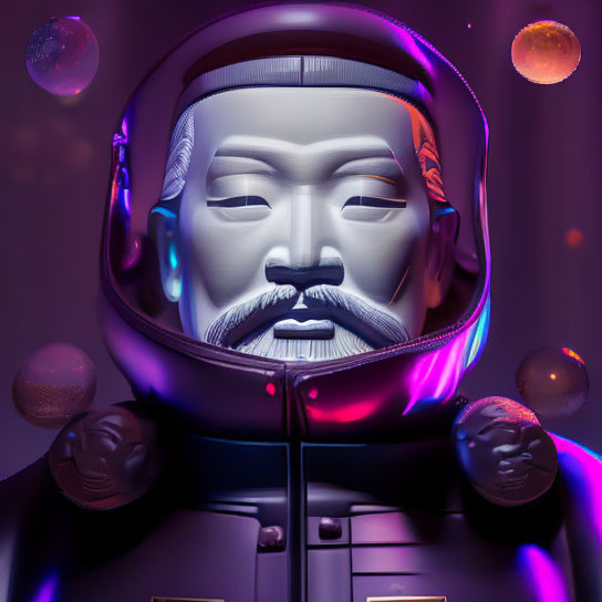 Asian warrior statue in astronaut helmet surrounded by colorful orbs on purple background