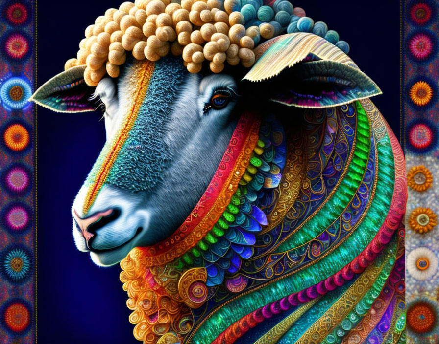 Colorful Ram Artwork with Intricate Patterns on Blue Background