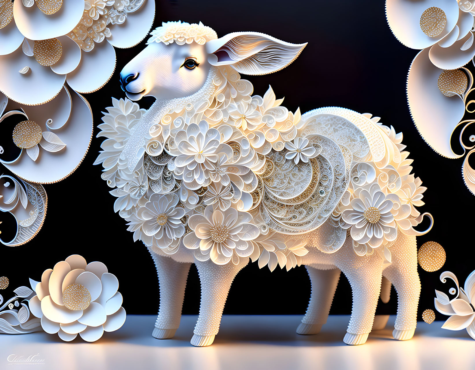 Floral and lace adorned sheep digital art illustration