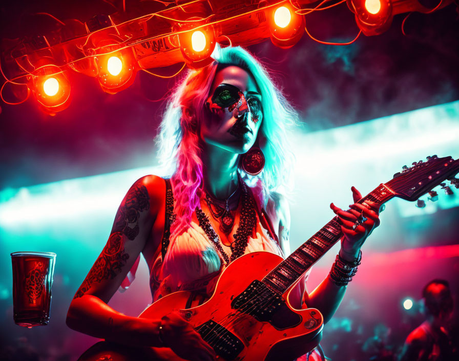 Female Musician with Pink Hair Plays Electric Guitar Under Stage Lights