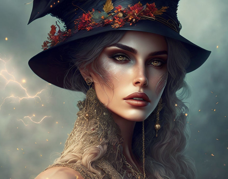 Illustration of woman with embellished autumn hat and captivating eyes