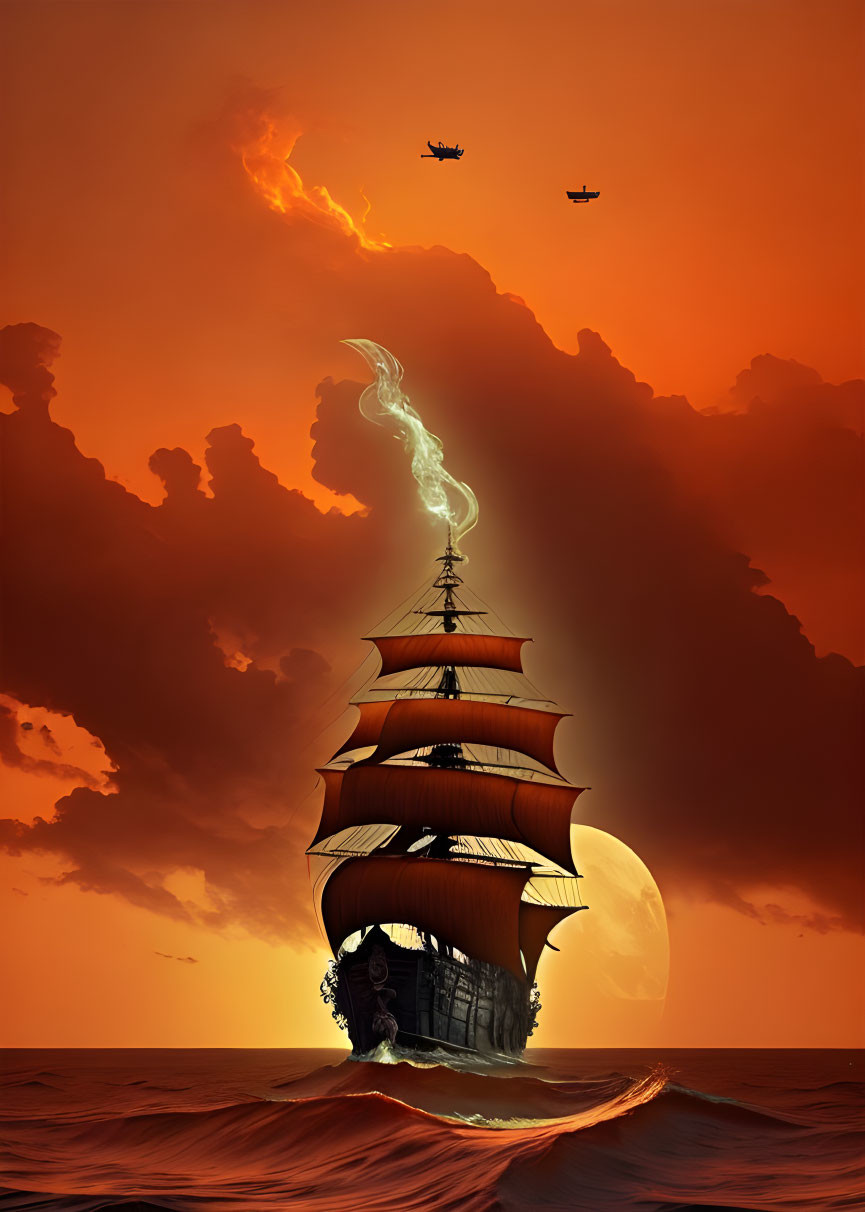 Majestic ship with red sails on turbulent sea at sunset with flying machines.