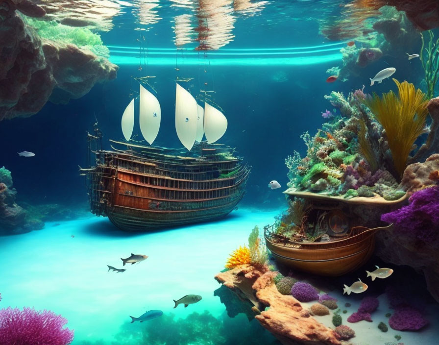 Sunken ship with intact sails in vibrant coral reef seascape