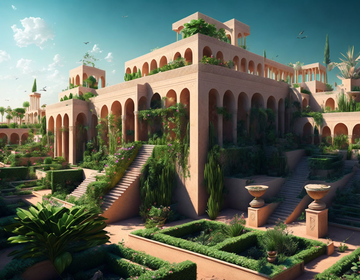 Serene oasis setting with lush gardens, archways, and clear skies