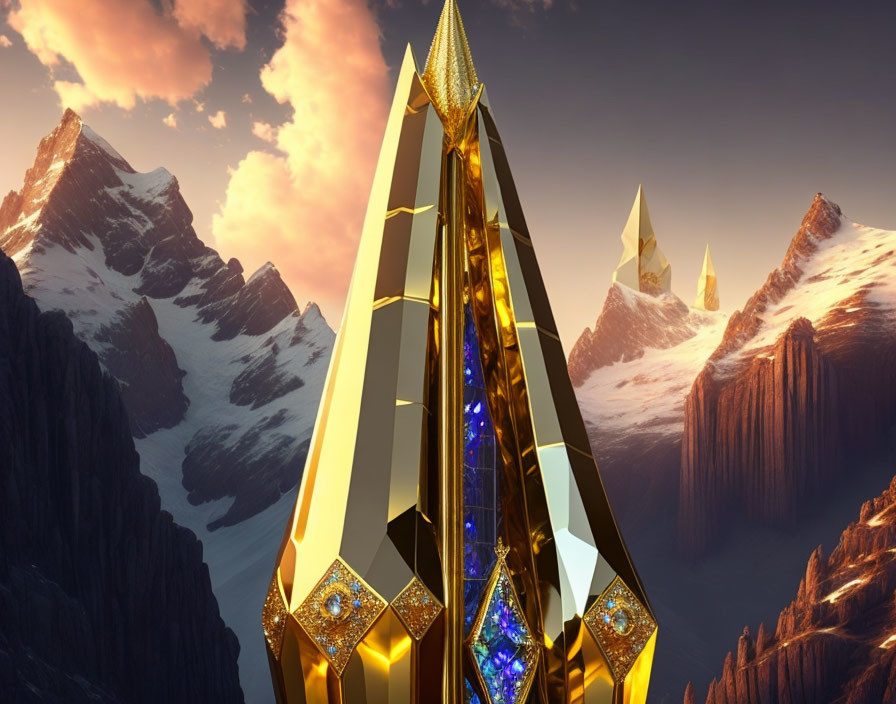 Golden spire-like structures against snowy mountain peaks