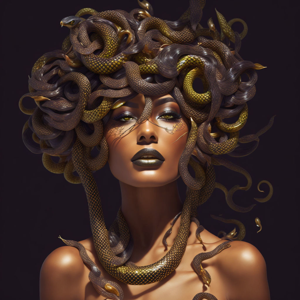 Stylized portrait of woman with serpentine hair in golden and bronze tones