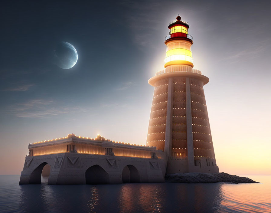 Tall lighthouse with beacon at dusk by calm sea