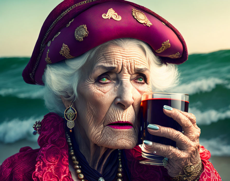 Elderly woman in red hat and jacket with striking makeup by ocean waves