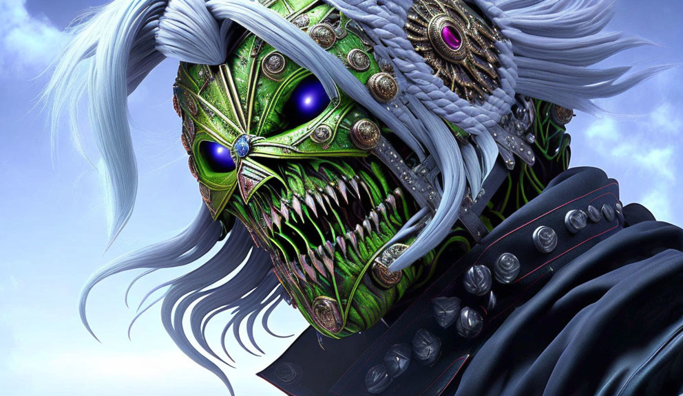 Mechanical green-faced creature with blue eyes and sharp teeth in dark coat.