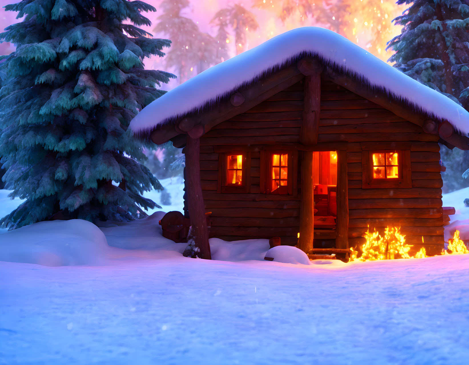 Snowy forest log cabin at dusk with glowing windows and crackling fire