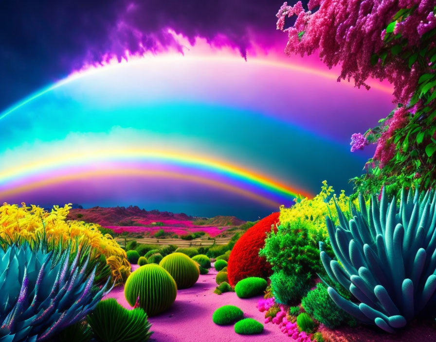 Vivid Rainbow Landscape with Neon Terrain and Purple Sky