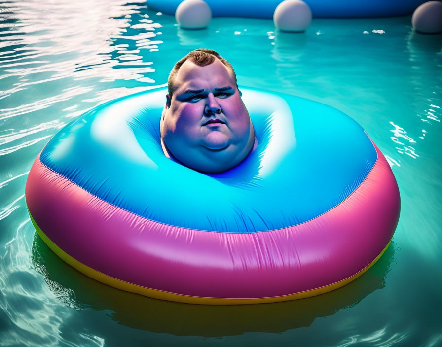 Heavyset person with stern expression on colorful inflatable ring in pool