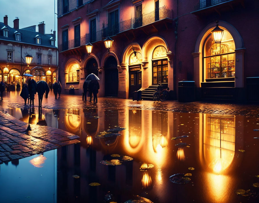 Elegant Street Scene: Rainy Evening, Lit Buildings, Umbrella-Wielding Pedestrians