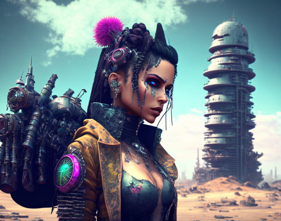 Futuristic cyberpunk woman with tattoos and augments in cityscape.