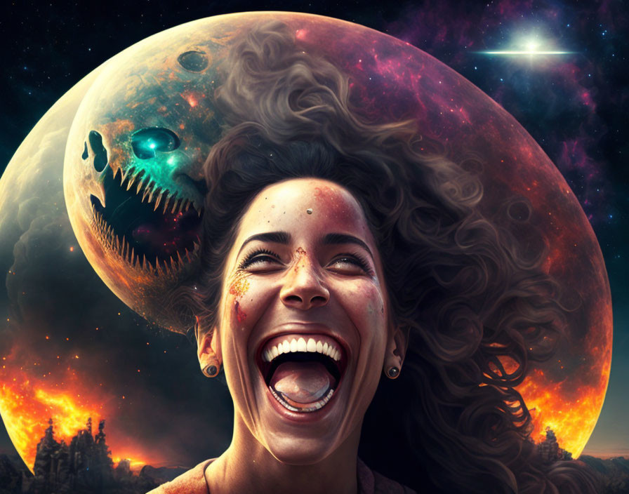 Woman laughing with surreal skull-faced planet backdrop