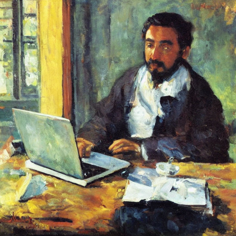 Impressionist-style painting of bearded individual at desk with laptop, papers, coffee cup, and