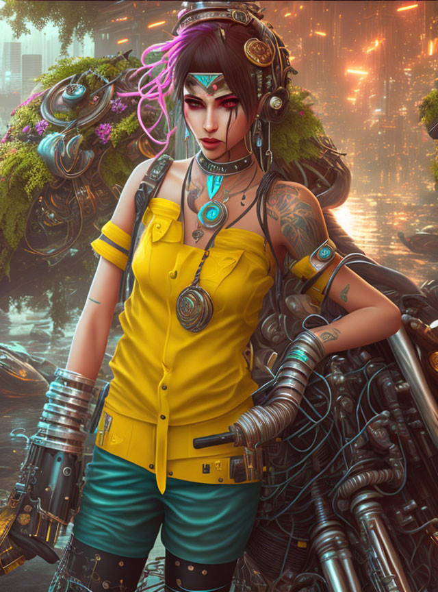 Purple-haired woman with cybernetic enhancements in futuristic cityscape wearing yellow and teal with tattoos and ste