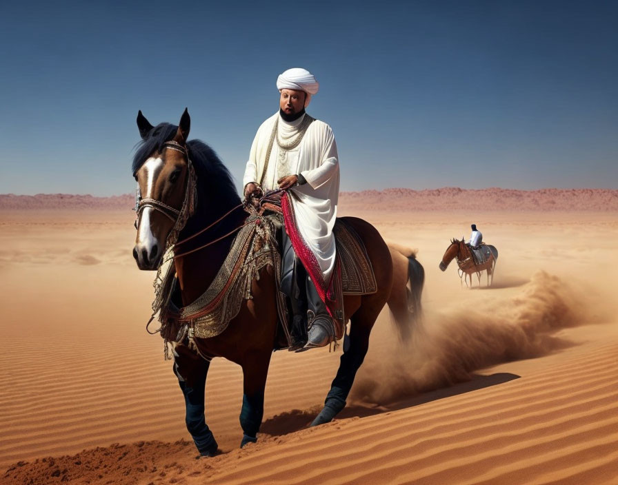 Two riders in traditional attire on horseback in desert landscape