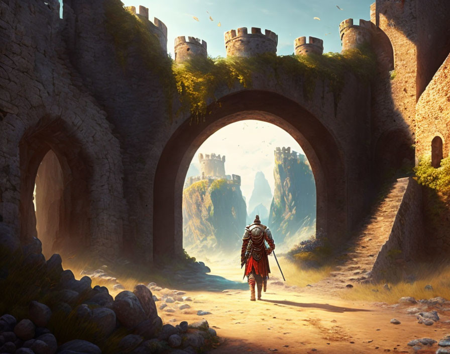 Knight in Armor Approaching Stone Castle Gateway on Cliff
