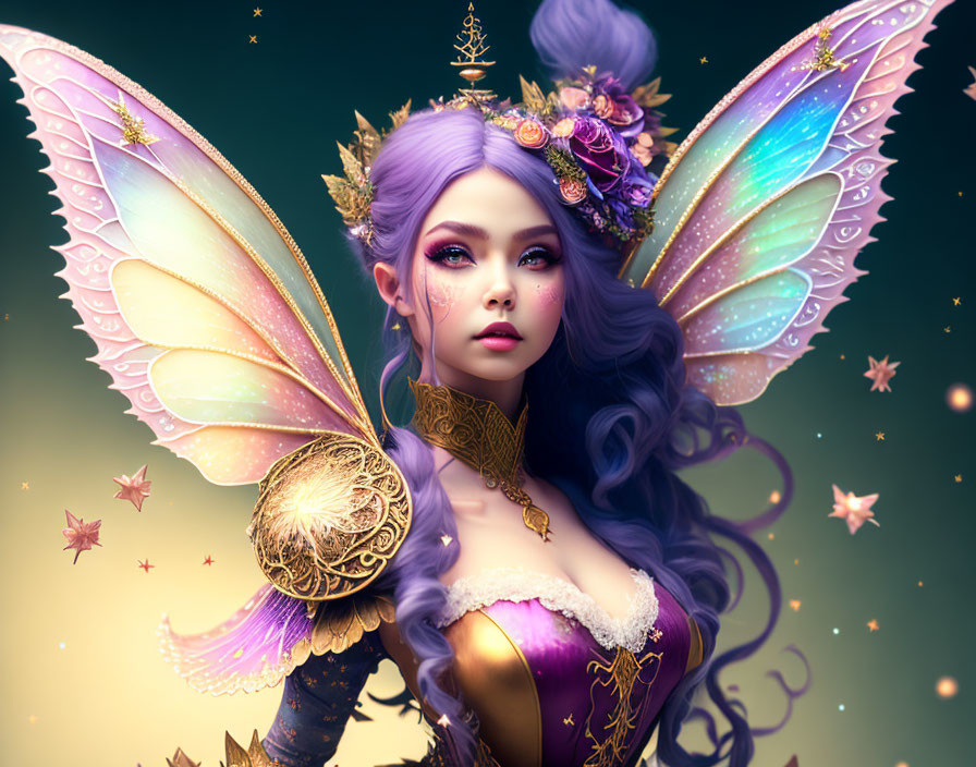 Fantastical fairy illustration with purple hair, gold jewelry, colorful wings, and glowing surroundings