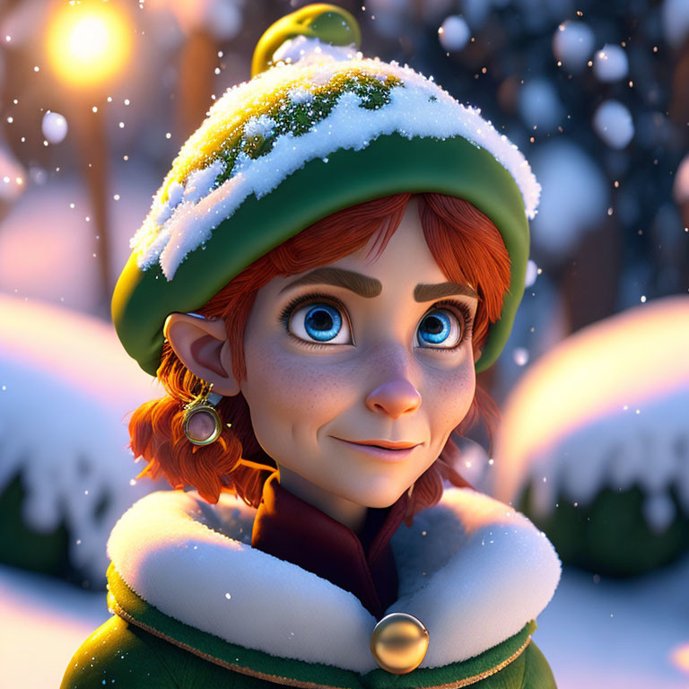 Red-haired 3D animated character in green hat and coat smiling warmly in festive winter scene