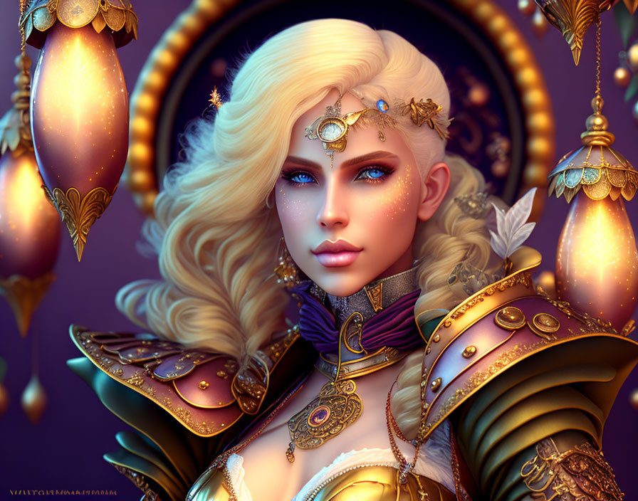 Fantasy female character in golden armor with blue eyes and ornate jewelry amid glowing lanterns