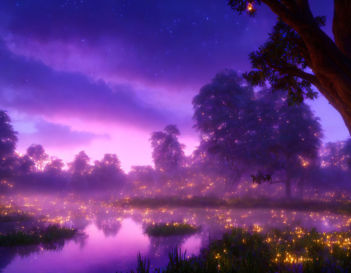 Tranquil twilight landscape with trees, fireflies, and starlit water