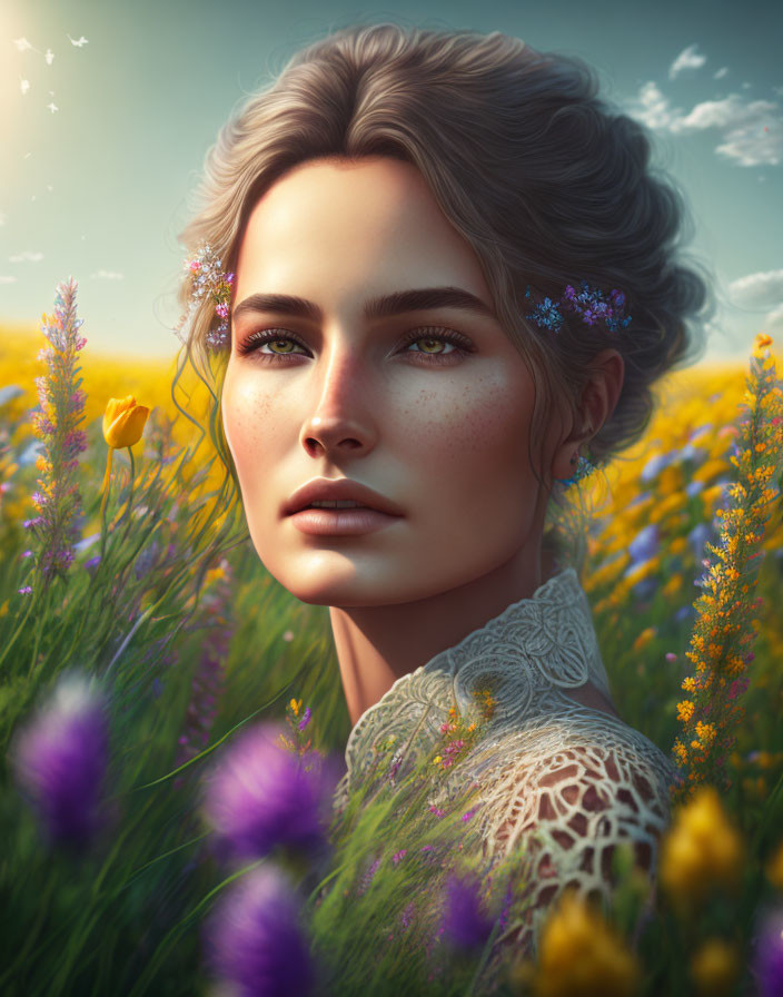 Woman with Flowered Hair in Vibrant Wildflower Field