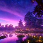 Tranquil twilight landscape with trees, fireflies, and starlit water