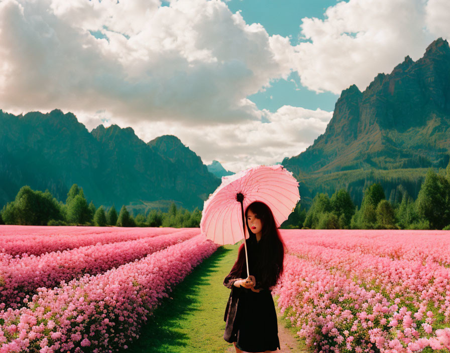 Woman with Pink Umbrella Surrounded by Pink Flowers and Mountains