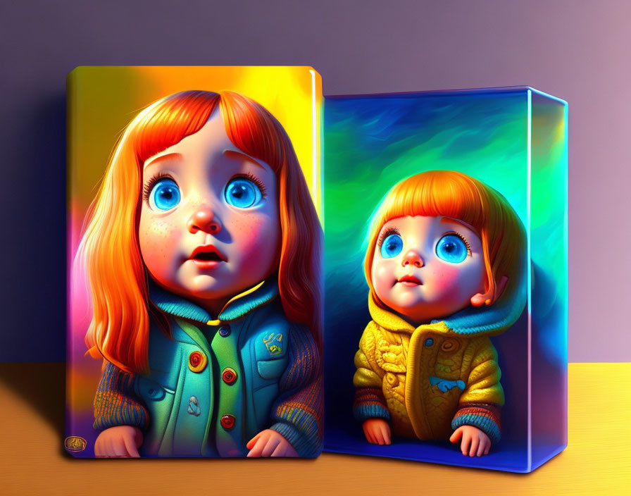 Stylized 3D animated dolls with large eyes in colorful outfits against vibrant backdrops