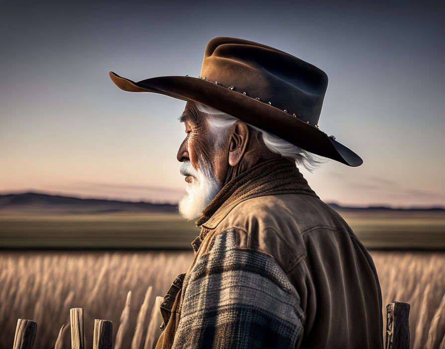 Elderly man in cowboy attire gazes across serene twilight landscape