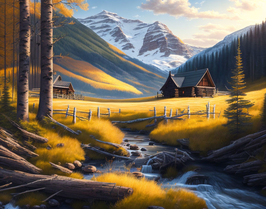 Tranquil autumn landscape with stream, cabins, trees, and snowy mountains