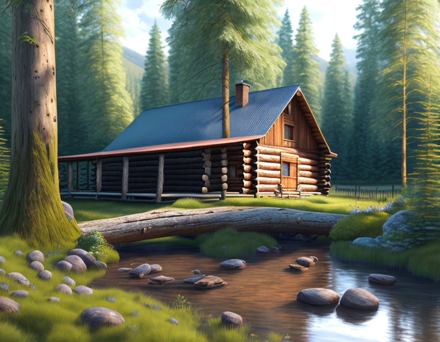 Tranquil Log Cabin by Stream in Sunlit Forest Clearing